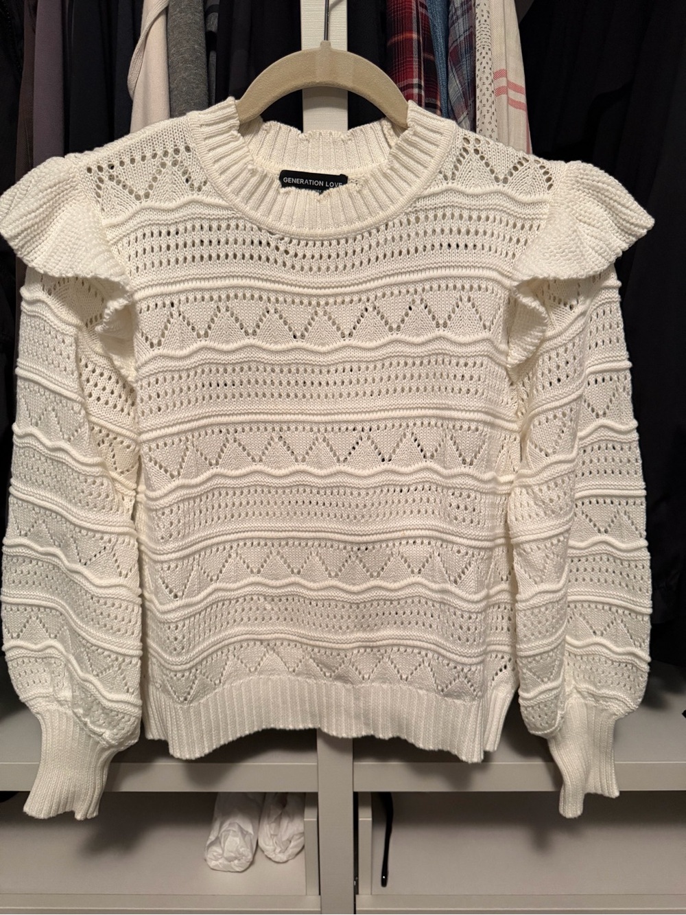 Generation Love Cream Pointelle Ruffle Shoulder Sweater